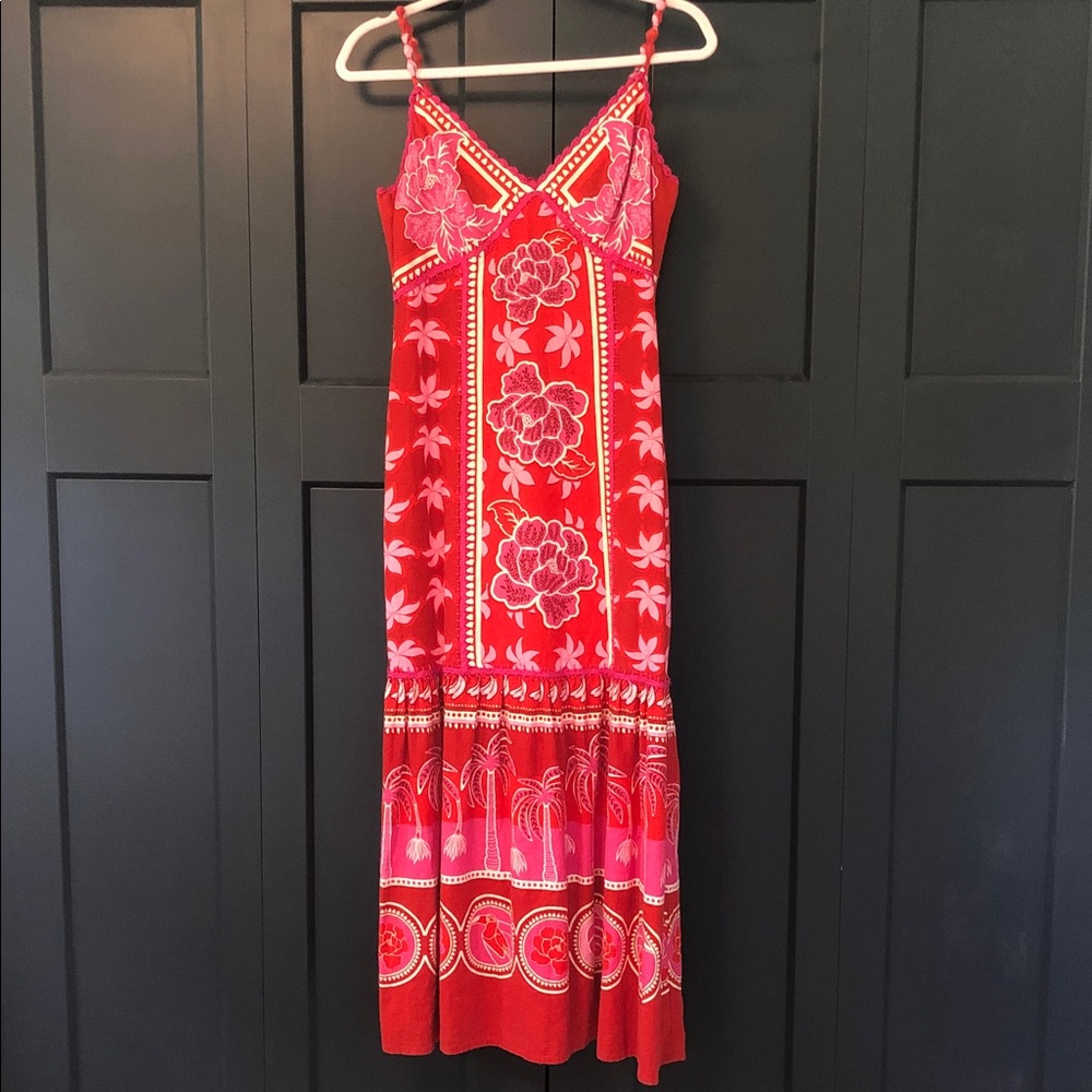 Caroline Constas Red Floral Summer V-neck Linen Maxi Dress Sz. M Crochet details